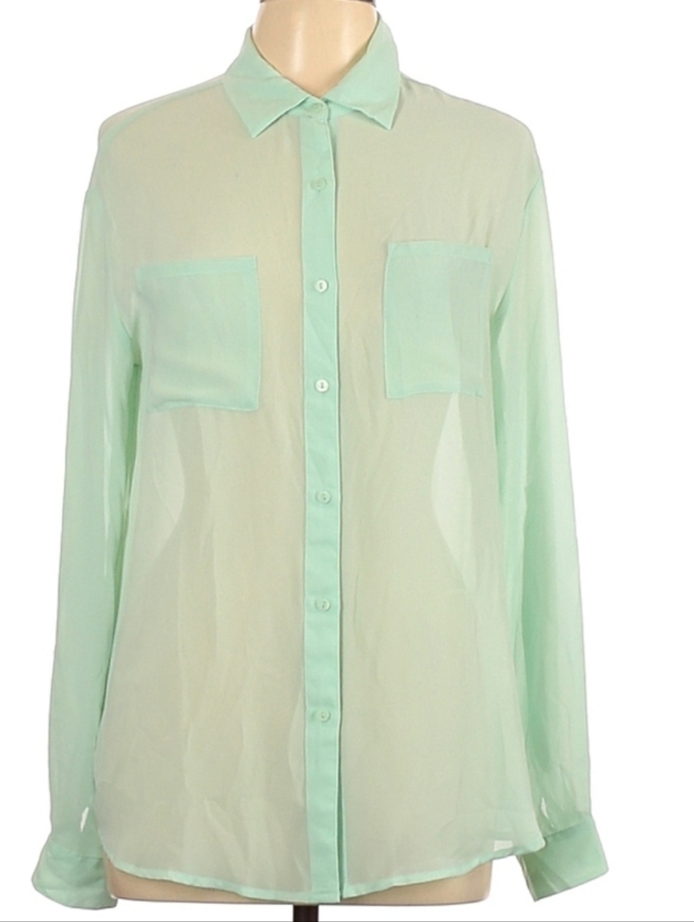 Decree Sheer Mint Green Long Sleeve Button Up Blouse Large